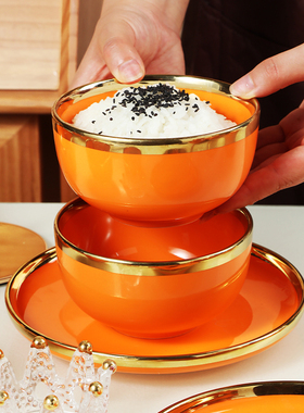 10个轻奢北欧创意家用陶瓷碗橙色金边小汤碗米饭碗防烫陶瓷碗餐具