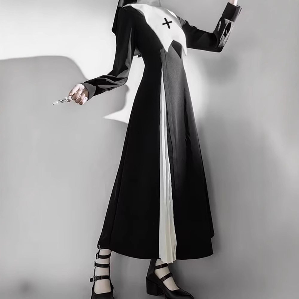 圣诞节现货黑白修女服暗黑哥特风lolita连衣裙洛丽塔日常cos套装