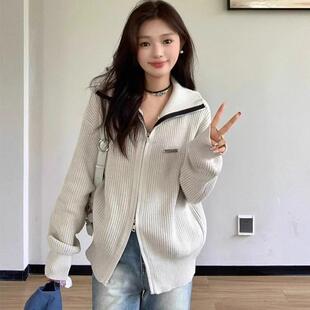 早秋设计感慵懒风灰色针织开衫拉链外套女外搭宽松毛衣长袖上衣女