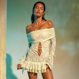 openwork word long sleeved 连衣短裙 dress一字领镂空长袖 one