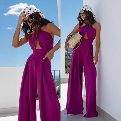 A belted backless wide legged jumpsuit系带褶皱露背阔腿连体裤