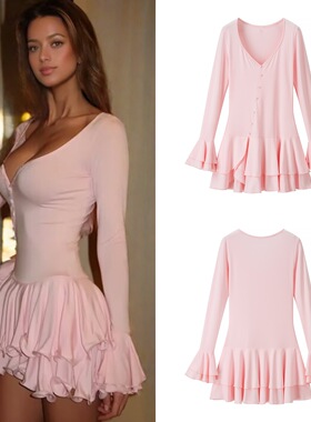 Low bustle sleeve tied up fitted dress低胸喇叭袖系扣连衣短裙