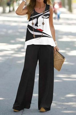 休闲印花无袖T恤长裤套装