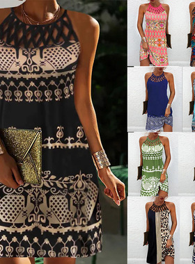 Printed net lace open sleeve dress印花网带镂空宽松无袖连衣裙