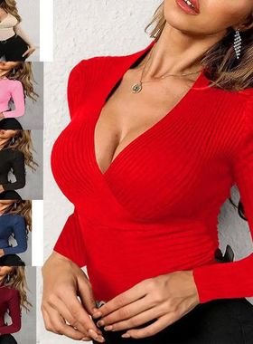 Women's V-neck slim-fit long-sleeved topV领套头修身长袖上衣