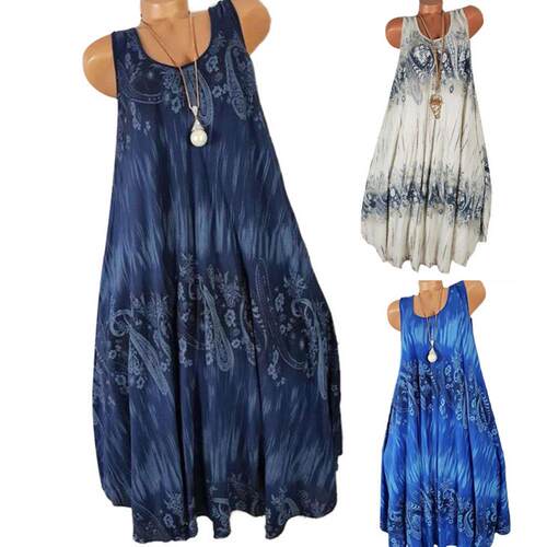 Printed sleeveless round-neck long dress印花无袖圆领连衣长裙