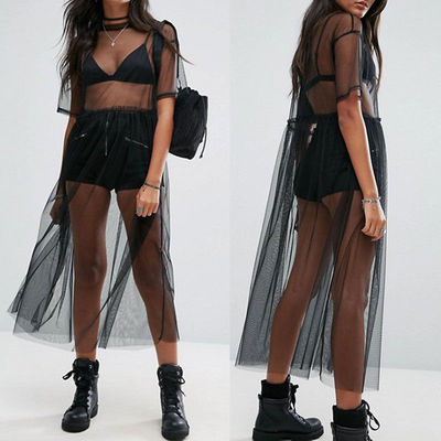 Ladies sexy round neck net gauze blouse 女士性感圆领网纱罩衫