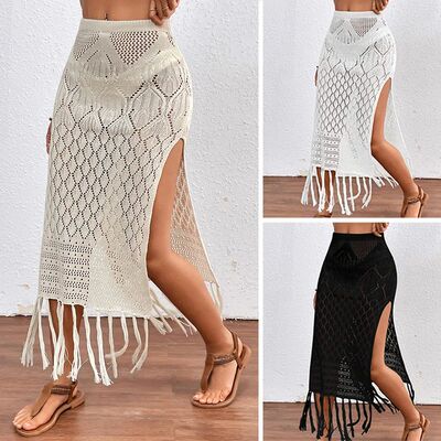 Sand beach high cut fringe half skirt   沙滩高开衩流苏半身裙