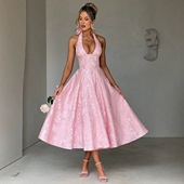 collar dressV领系带露背挂脖连衣裙 tied backless neck waist