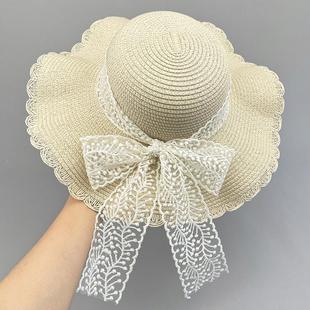蕾絲蝴蝶結草帽子女夏天大帽檐防曬遮陽帽海邊度假沙灘漁夫帽 韓版