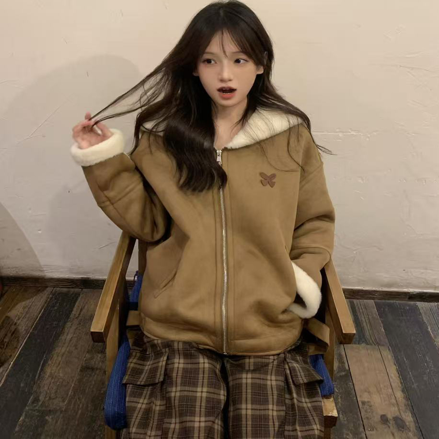 美式复古加绒加厚麂皮外套女保暖