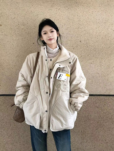 美式 学院风设计感小众羊羔毛加厚夹克外套潮 刺绣棉衣棉服女秋冬季