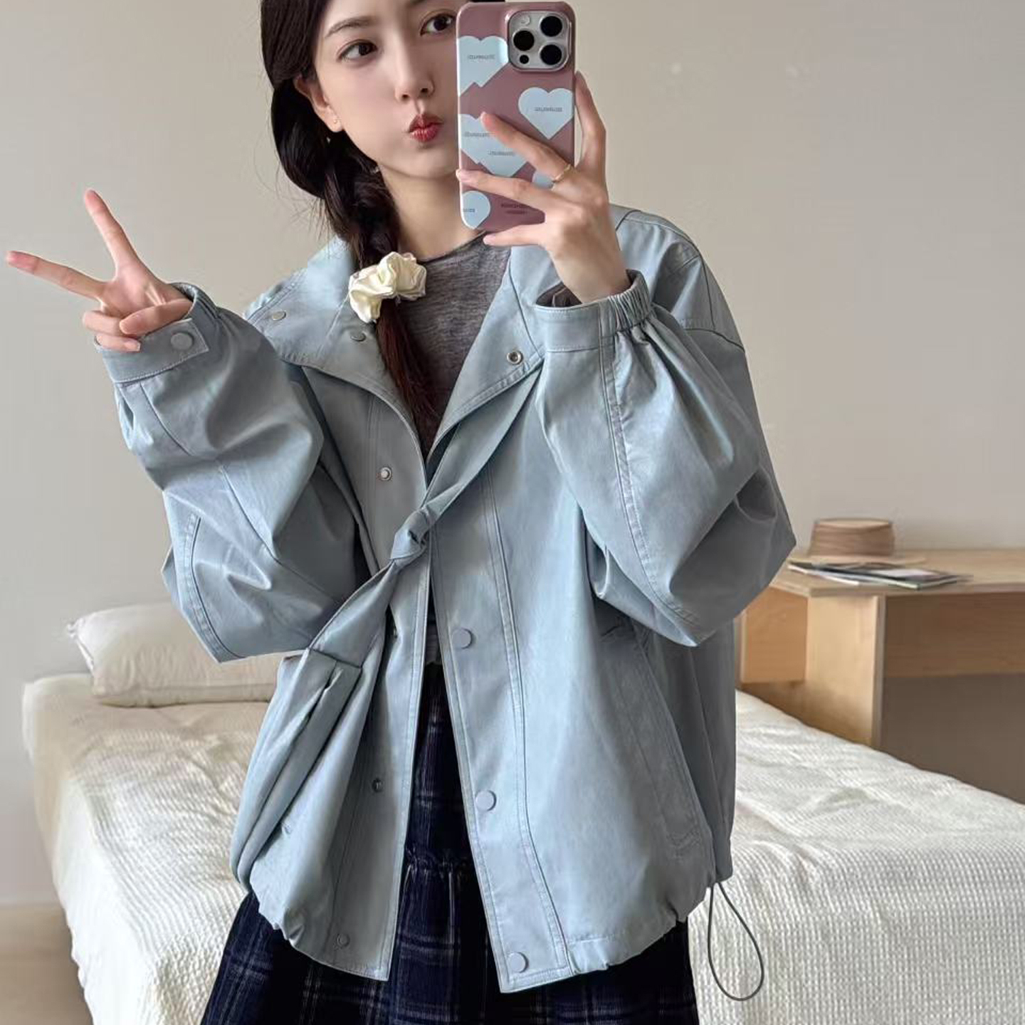 韩系立领皮衣外套女高级感灰蓝色
