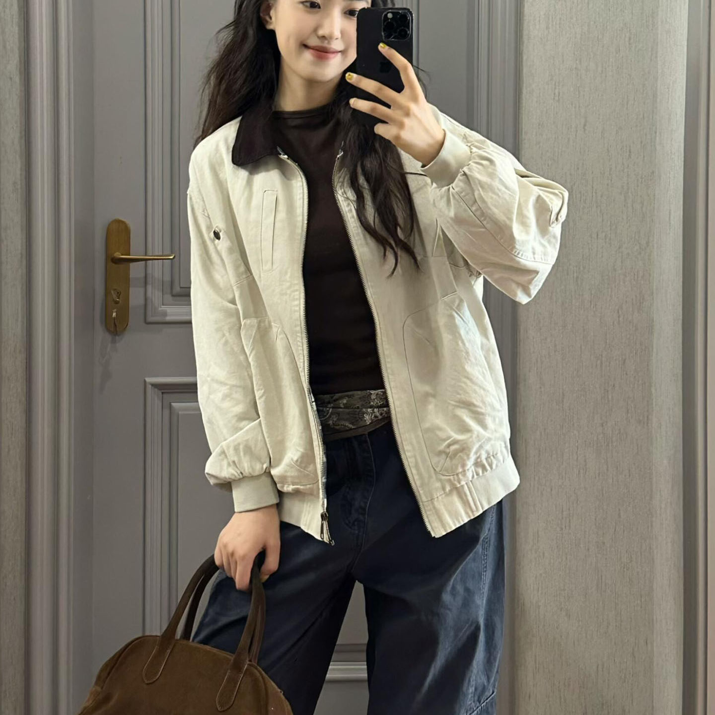 日系撞色拼接外套女宽松休闲翻领