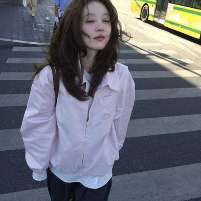 漂亮独特翻领粉色外套女秋季2025新款设计感小众百搭褶皱夹克上衣