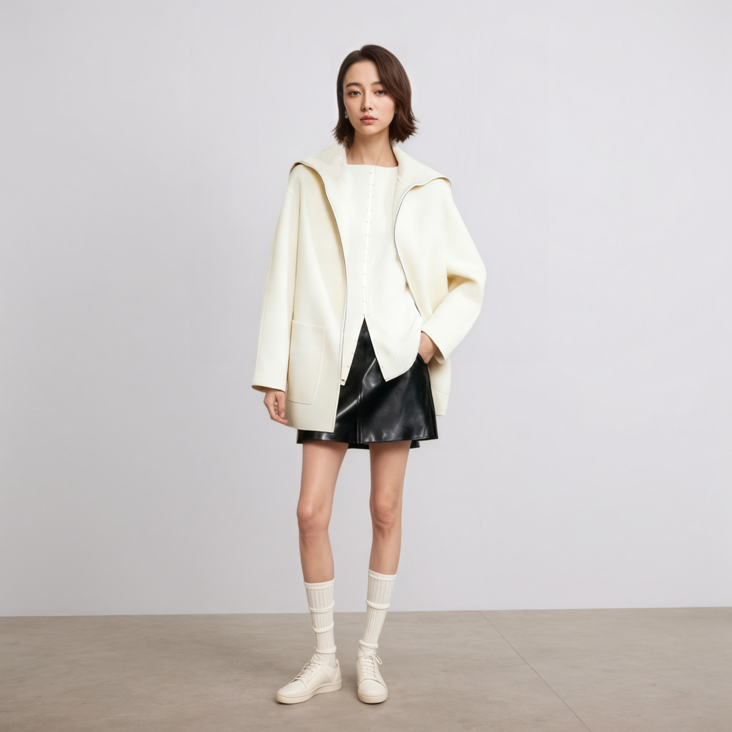 简约时髦 | 羊毛针织翻领中长款双面羊绒毛呢外套大衣女25冬廓形