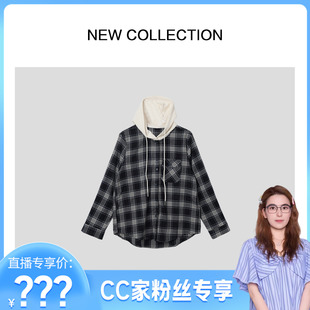 抽绳设计格纹连帽衬衫 复古风撞色帽领 美式 C3538002 CC家CC