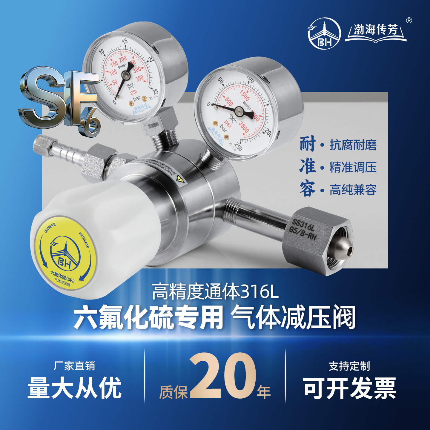 六氟化硫减压阀SF6钢瓶减压器316L不锈钢实验室防泄漏电力检修