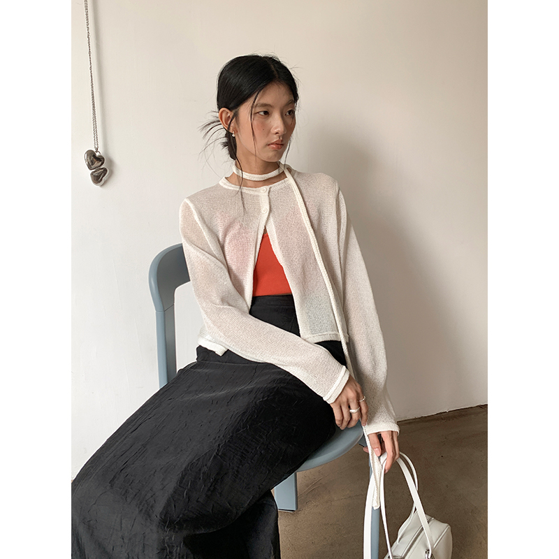 爱与南希原创设计师女装2025春季新款贝壳扣针织开衫飘带防晒上衣