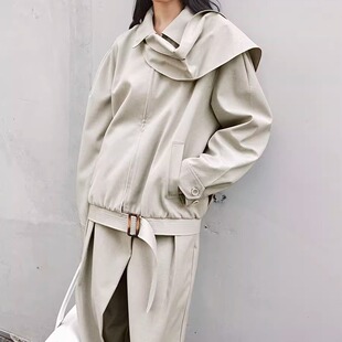新品 日系中性风羊毛夹克外套女25秋季 polo领百搭户外立体围脖上衣