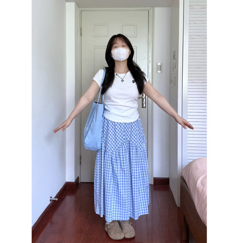日系休闲松紧高腰格子半身裙阿殊 ASOUL微胖小个子显高裙子女