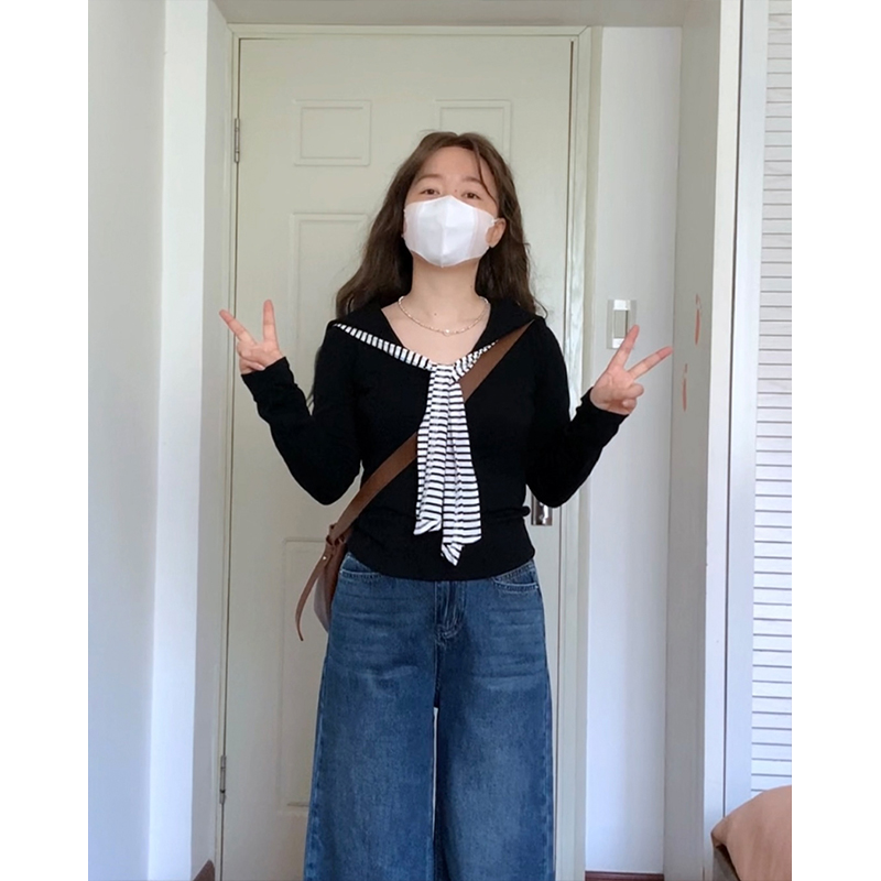 海军领假两件条纹领带 T恤阿殊 ASOUL 微胖小个子修身 上衣女包邮