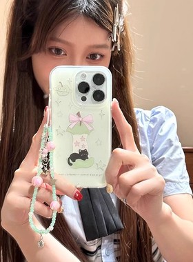 夏日小清新绿色苹果猫咪opporeno14pro手机壳reno13/12/11新款女findx8s+创意小众k12x硅胶a96全包防摔保护套