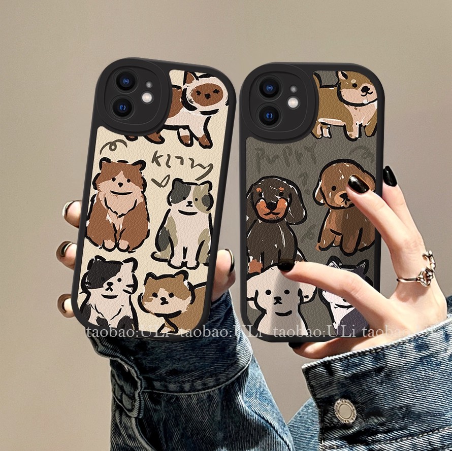 情侣卡通猫咪狗狗opporeno14pro手机壳reno13/12/11秋冬新款findx8/7男女a5皮革k12s全包防摔a55/a97软保护套
