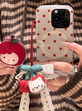 卡通红色波点kt猫磁吸支架适用苹果17promax手机壳iphone16plus新款15pro女14双层13/12全包防摔xsmax保护套