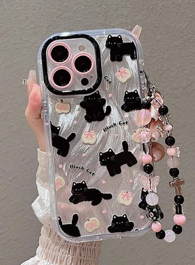 可爱黑色小猫咪适用小米15ultra手机壳米14/13新款日韩k80/k70甜酷少女note14/13链子turbo4全包防摔软保护套