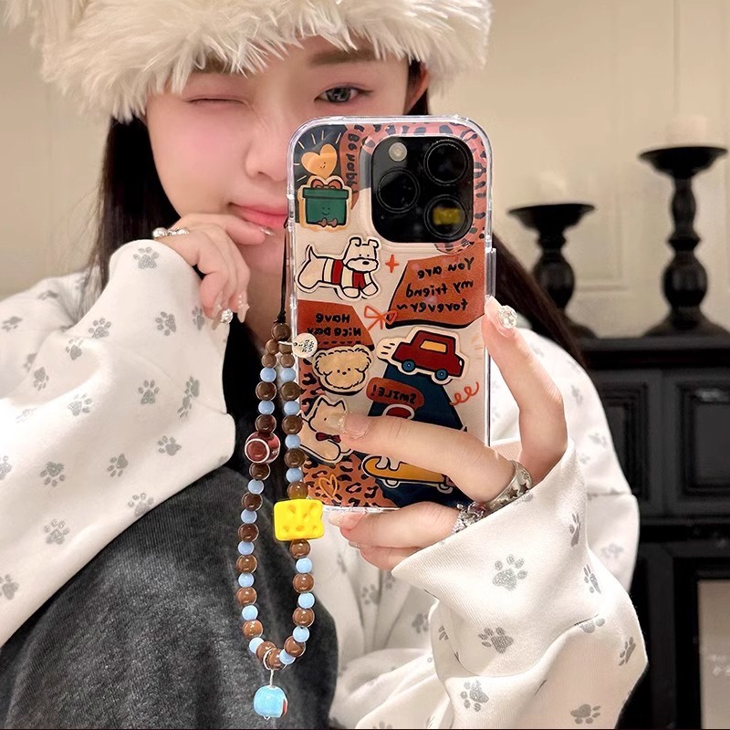 复古涂鸦卡通小狗适用苹果16promax手机壳iphone15plus冰川纹新款14/13/12中式7/8小众xr挂饰xsmax男女保护套