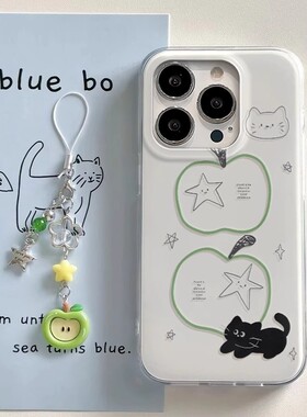 小众ins简笔画青苹果猫咪opporeno15pro手机壳reno14/13/12新款简约findx9/8女款k12带挂坠a96硅胶防摔保护套