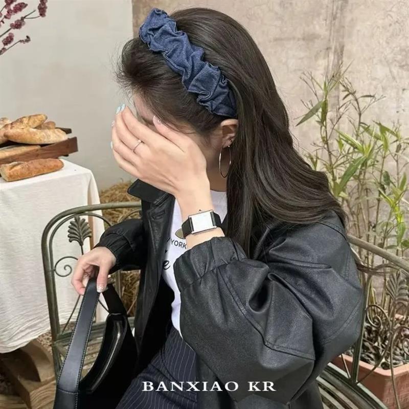 复古牛仔布艺褶皱发箍气质宽边压发头箍日常百搭WH