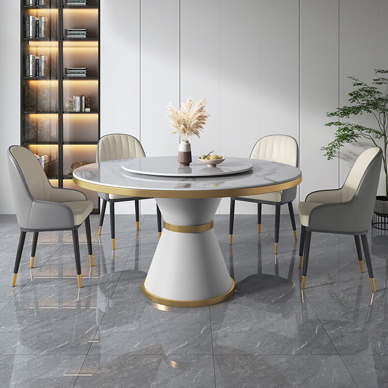 岩板轻奢餐桌椅组合家用小户型圆桌现代简约圆形带转盘六人饭桌