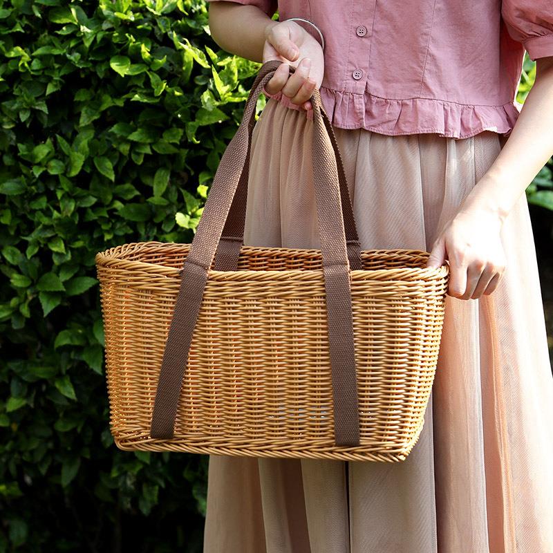 水果买菜购物篮手提篮篮子野餐藤编塑料收纳篮超市露营竹编编织篮