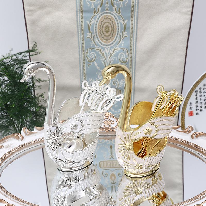 欧式金属水果勺子叉子套装可爱甜品点心家用小奢华叉勺组合天鹅座