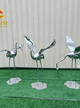 现货不锈钢仙鹤雕塑草坪园林景观售楼部广场装饰金属工艺落地摆件