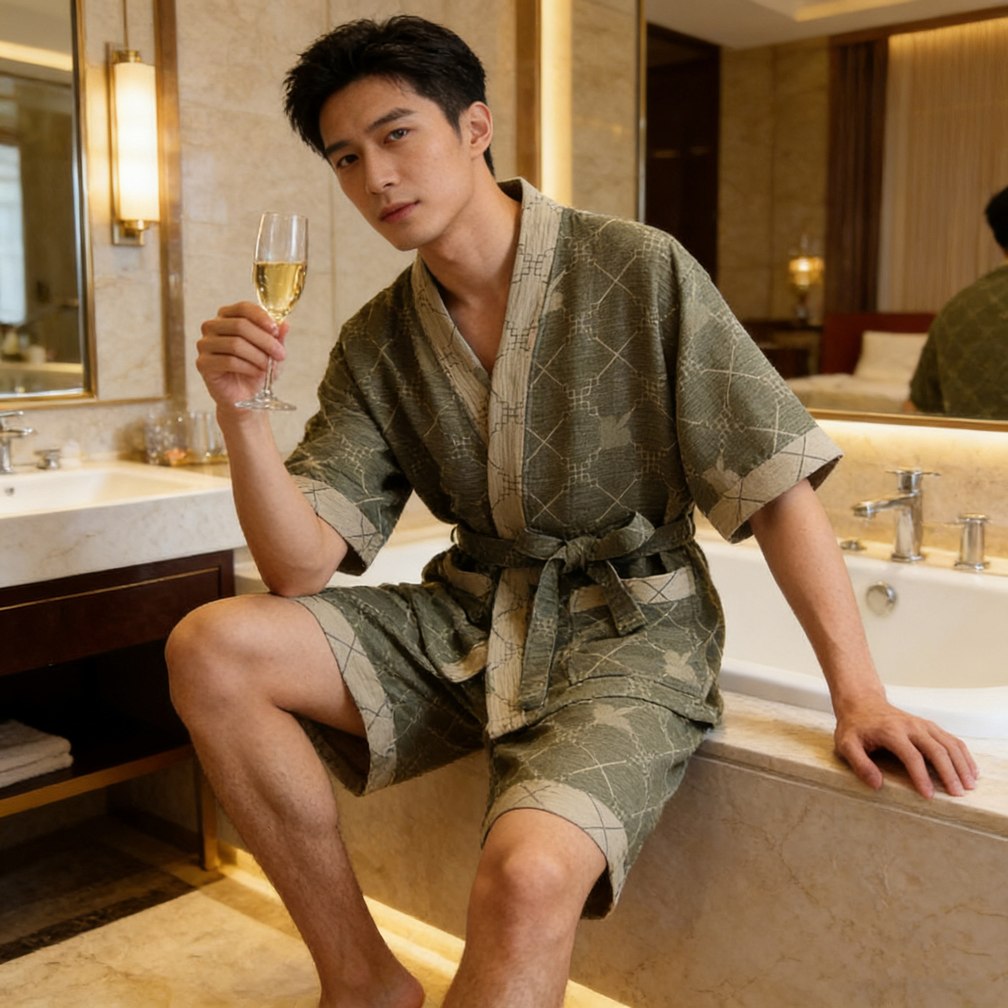 高档双层纱汗蒸服纯棉按摩桑拿服理疗服浴服酒店睡衣浴衣情侣