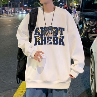 脏辫男孩圆领卡通印花卫衣男秋冬季宽松港风上衣服休闲潮牌打底衫
