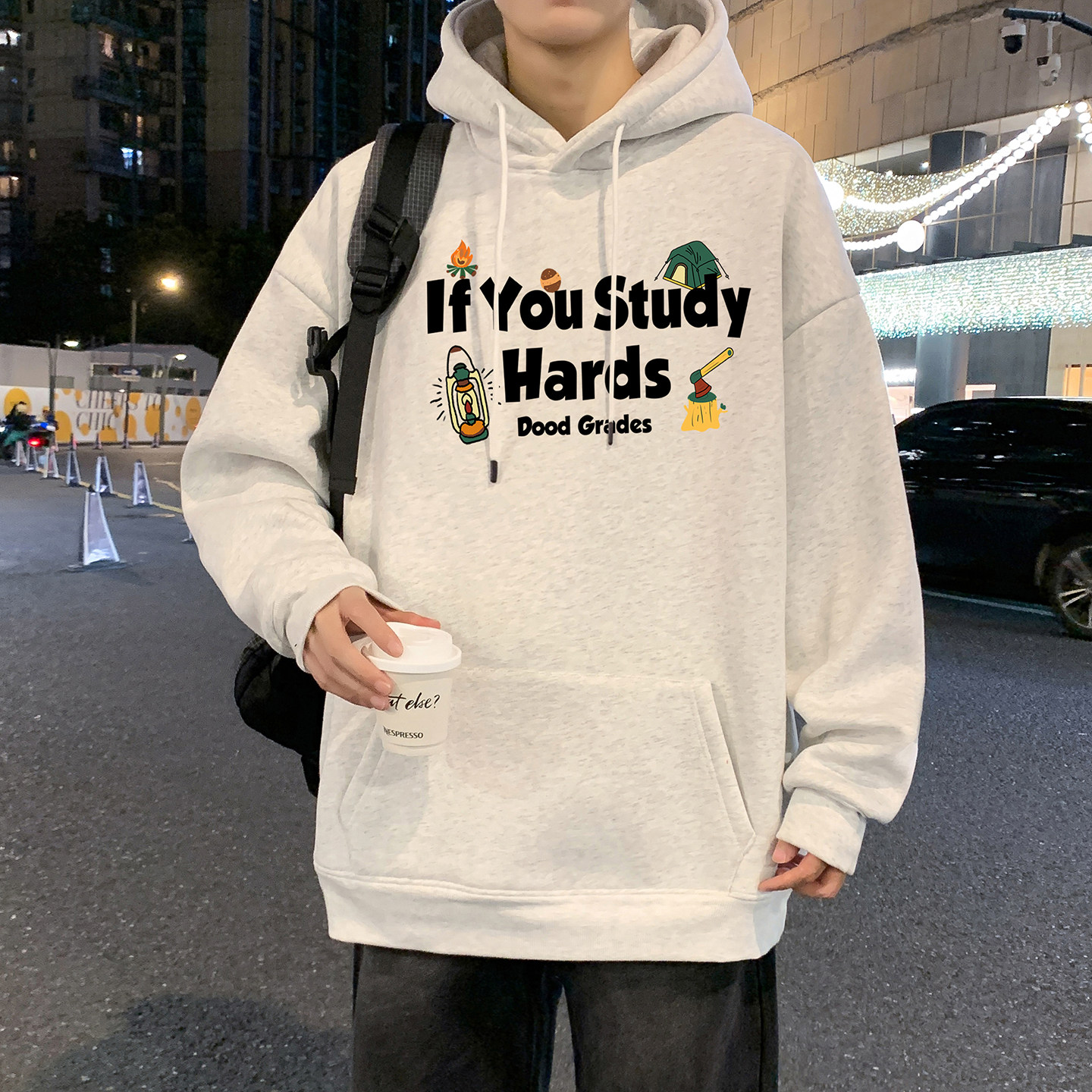 连帽卫衣男春秋季新款大码套头上衣ins美式运动高街休闲长袖帽衫