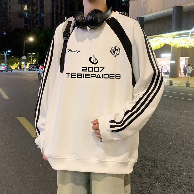 卫衣男春秋季2026新款条纹简约休闲无帽上衣ins港风潮牌圆领外套