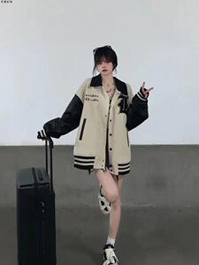 美式复古拼接刺绣棒球服2023春秋季新款宽松韩版学生百搭外套女潮