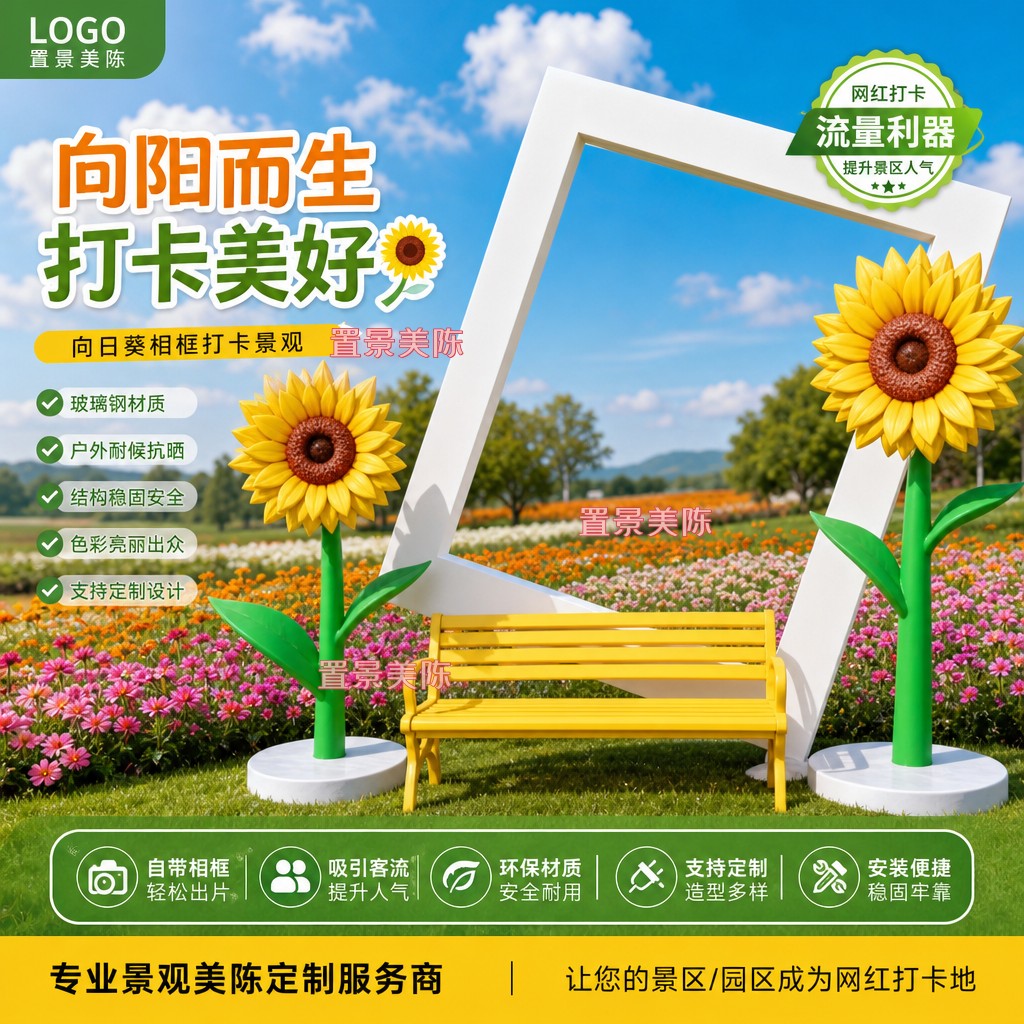 仿真向日葵雕塑玻璃钢花朵摆件景区草坪户外网红打卡拍照相框座椅