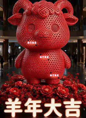 2027羊年竹编红色吉祥物落地摆件