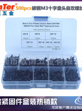 500pcs M3黑色国标十字盘头自攻螺丝钉尖头组合盒装跨境外贸
