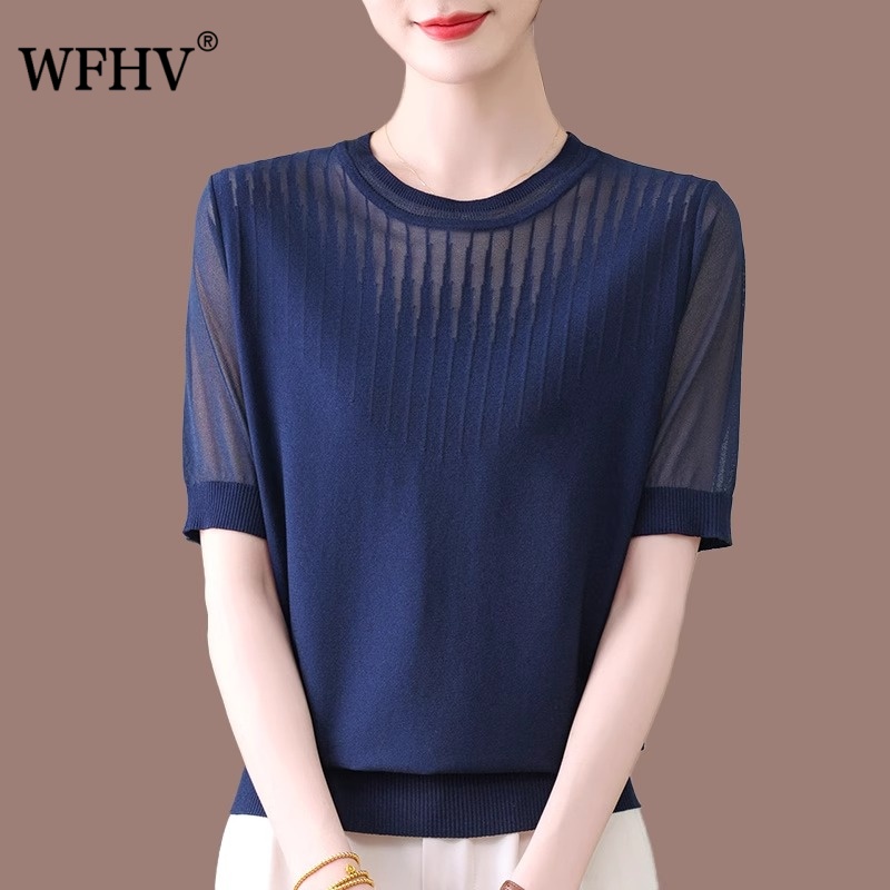 短袖t恤女2025新款夏季妈妈时尚冰丝针织上衣休闲宽松圆领小衫