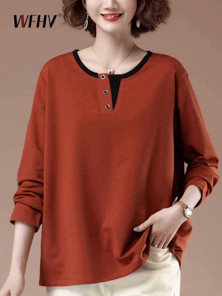 圆领长袖t恤女2025秋季新款棉质透气宽松遮肚时尚洋气外穿打底衫