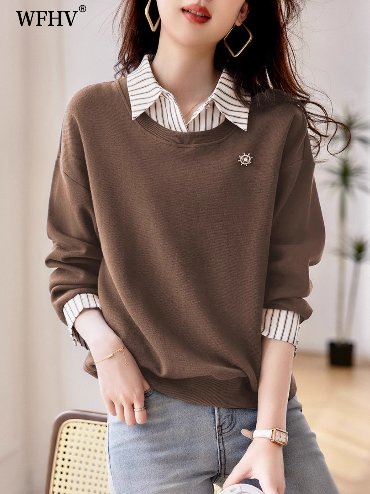 时尚休闲上衣女2025年春秋季新款高级商务舒适假百搭两件条纹卫衣