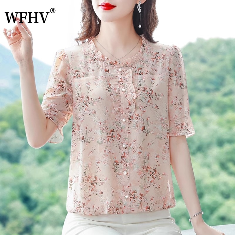短袖t恤女2025新款夏季妈妈时尚碎花雪纺衫高端洋气宽松显瘦上衣