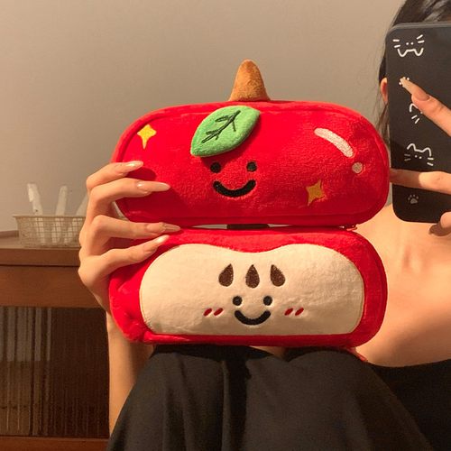 可爱创意毛绒苹果笔袋高颜值ins风初中女生2025新款超火大容量日式女孩文具袋高中小学生铅笔盒收纳包